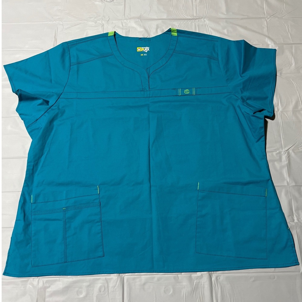 WonderFlex Scrub Top 4X Teal Blue Lime Green Notched V-Neck Plus Size 6208